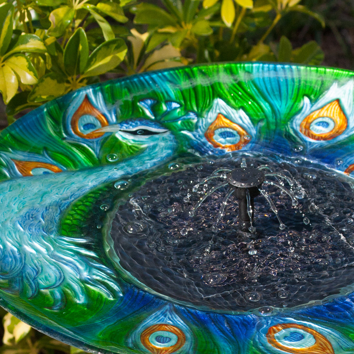 Argus Peacock Glass Solar Birdbath