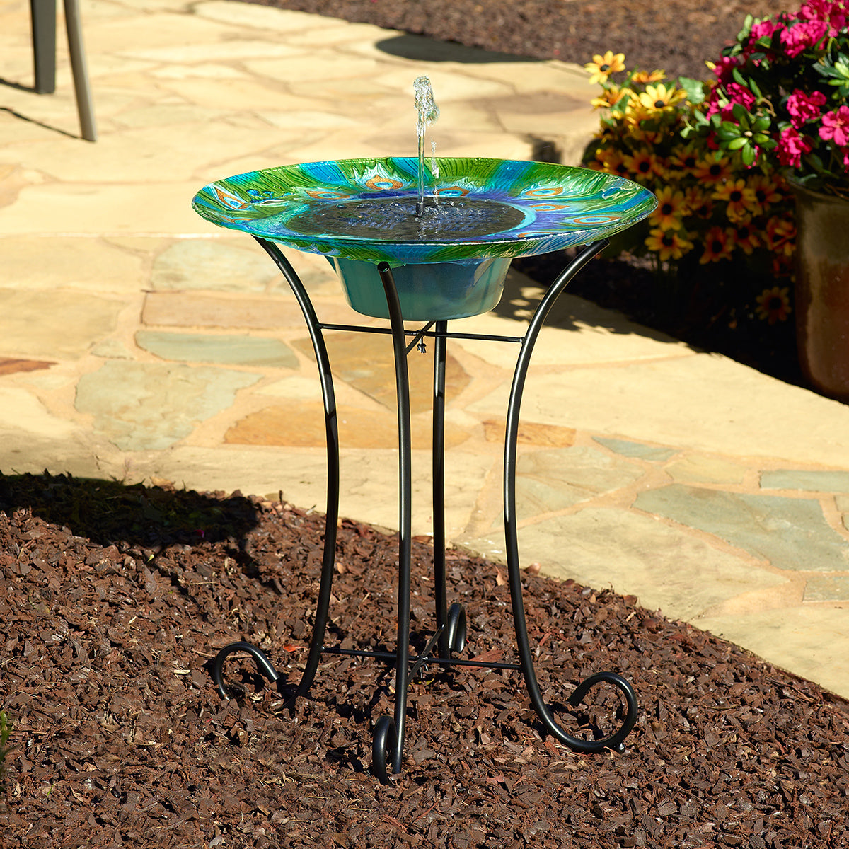 Argus Peacock Glass Solar Birdbath