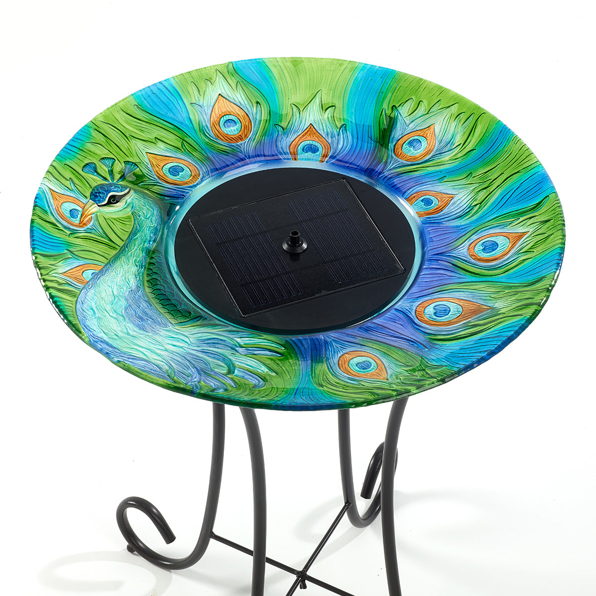 Argus Peacock Glass Solar Birdbath