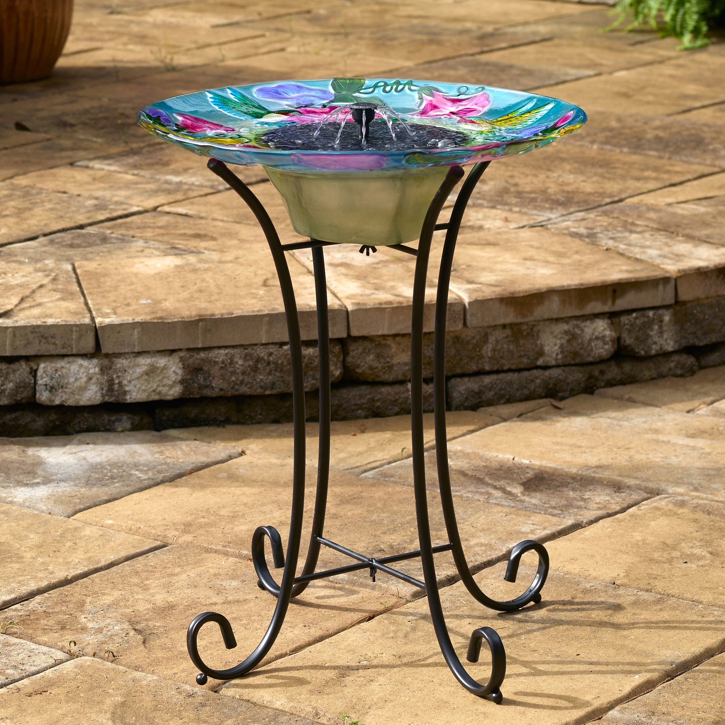 Hummingbird Glass Solar Birdbath