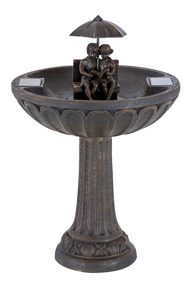 Umbrella Solar Fountain - Boy & Girl Reading on Bench - Oiled Bronze