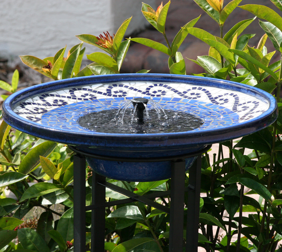 Blue Mosaic Solar Birdbath with Metal Stand - Glazed Ceramic
