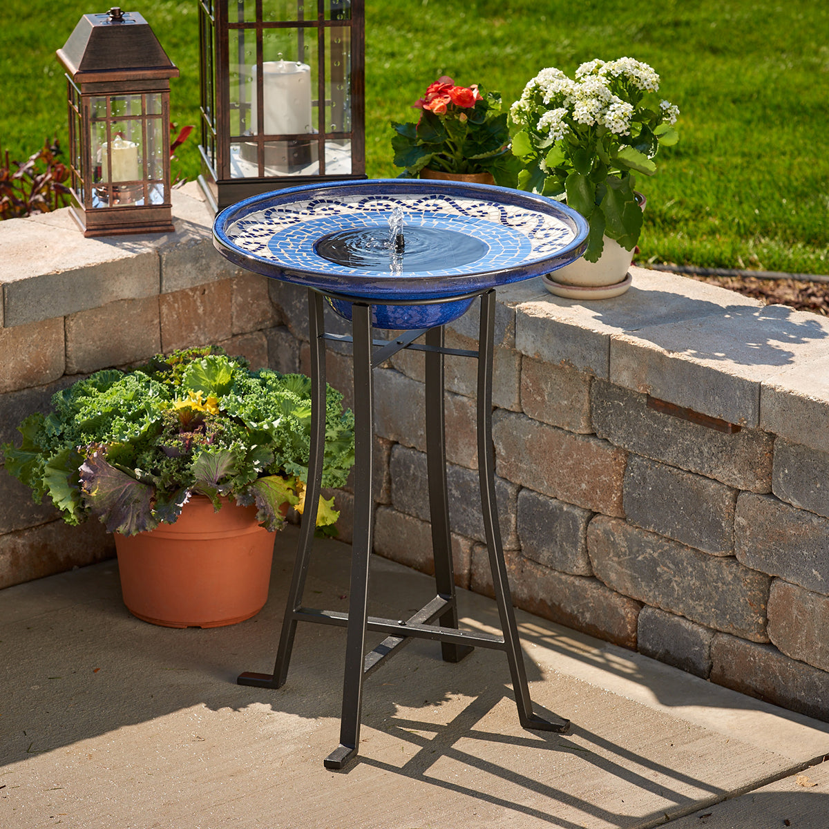 Blue Mosaic Solar Birdbath with Metal Stand - Glazed Ceramic