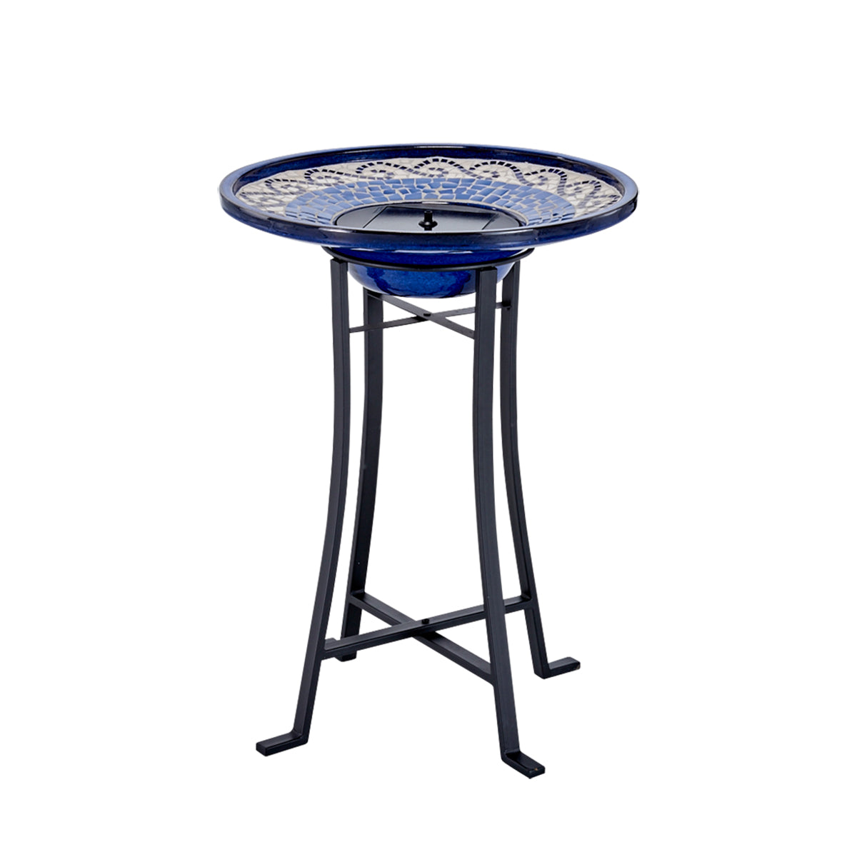 Blue Mosaic Solar Birdbath with Metal Stand - Glazed Ceramic