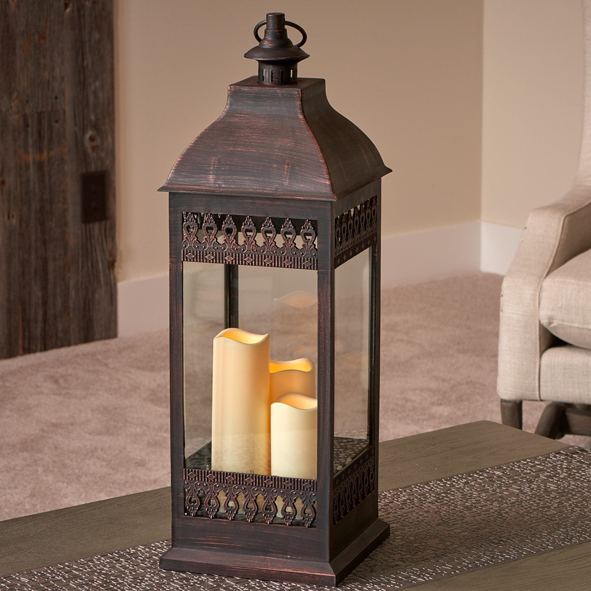 San Nicola Triple LED Candle Lantern - Bronze (28"H)