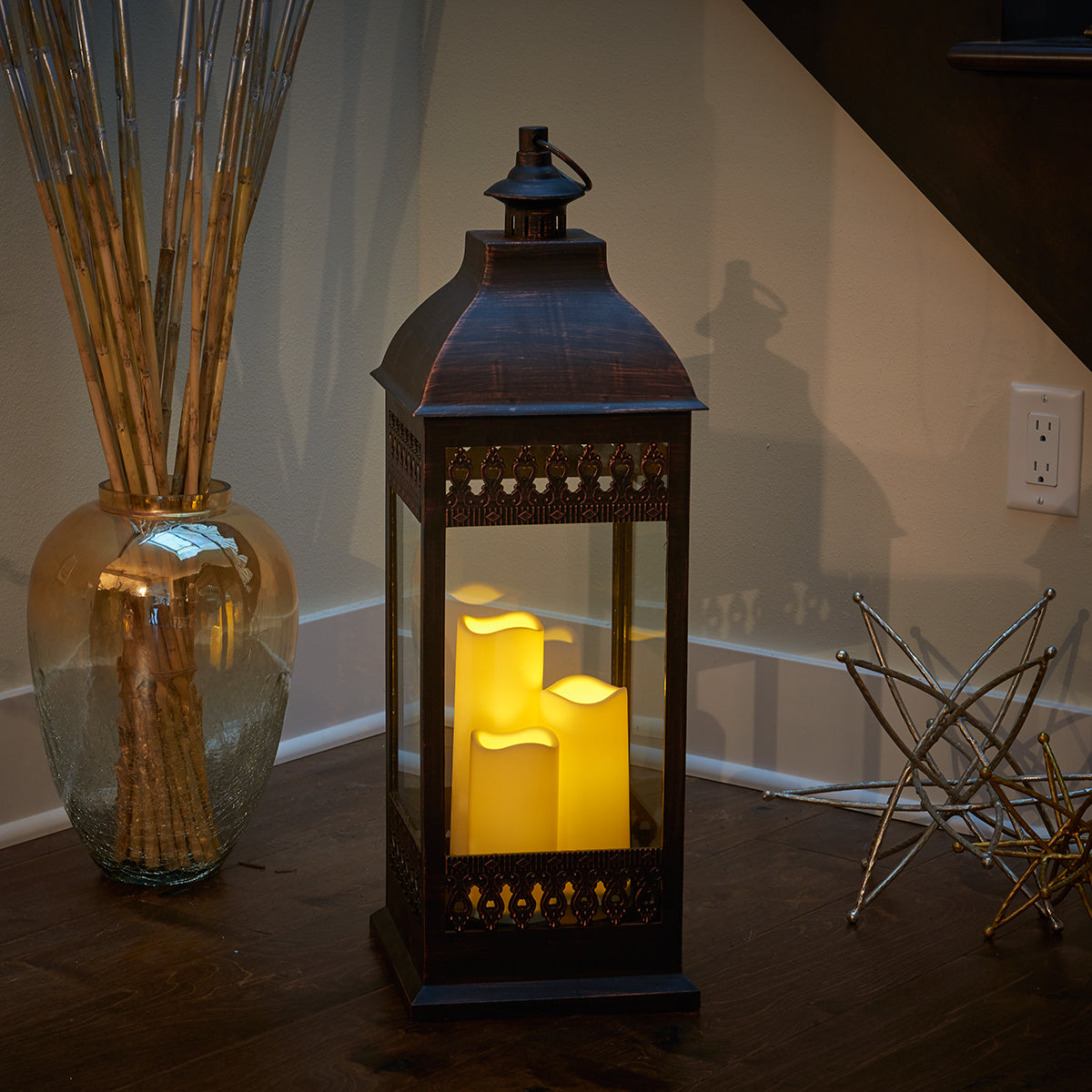 San Nicola Triple LED Candle Lantern - Bronze (28"H)