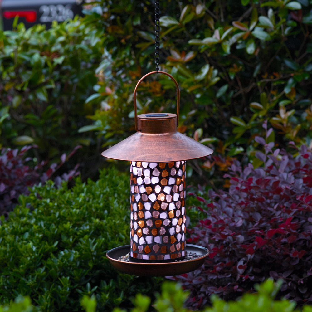 Adelie Mosaic Glass Bird Feeder with Solar Light - Copper