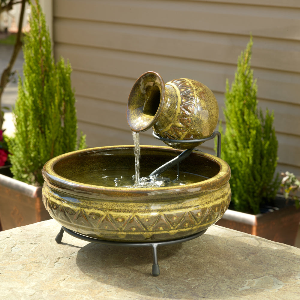 Cairo Ceramic Jug Solar Fountain - Walnut Finish