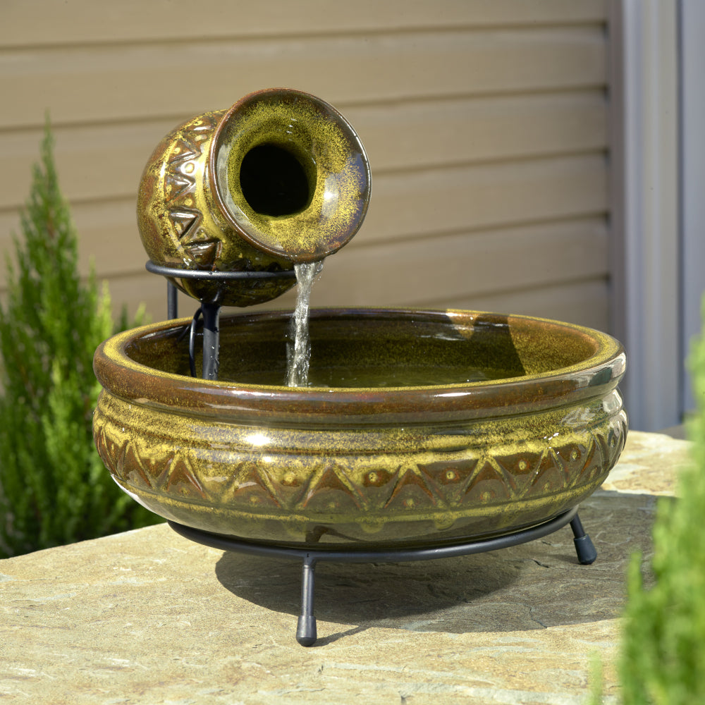 Cairo Ceramic Jug Solar Fountain - Walnut Finish