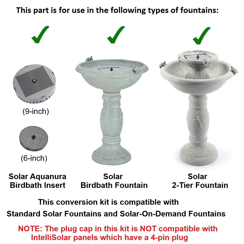 Solar to Electric Conversion Kit for Standard Solar & Solar-On-Demand Birdbaths and 2-Tier Fountains with Threaded Single Pin Plug