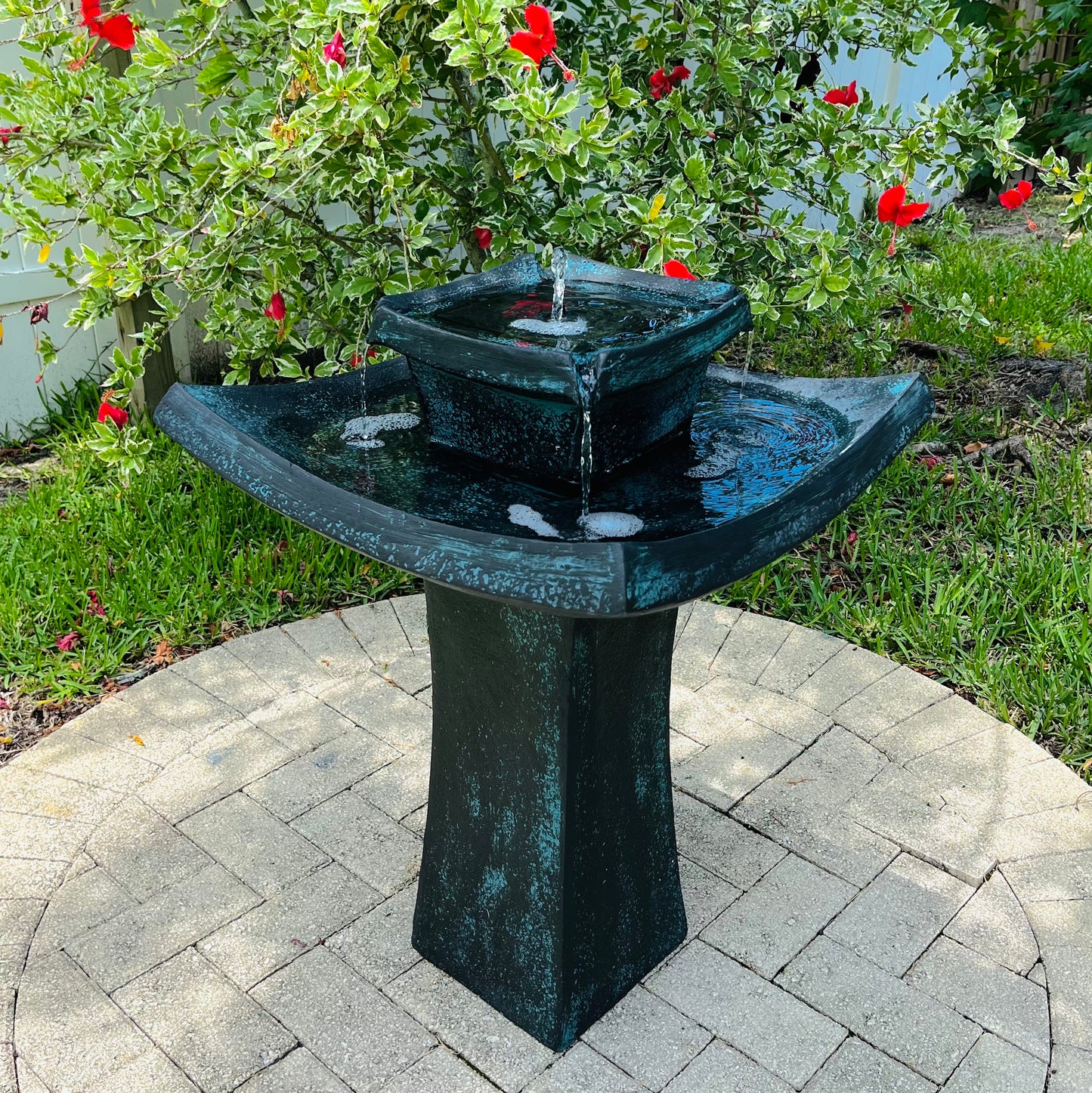 Mahayana Zen 2-Tier Solar-On-Demand Fountain - Verdigris