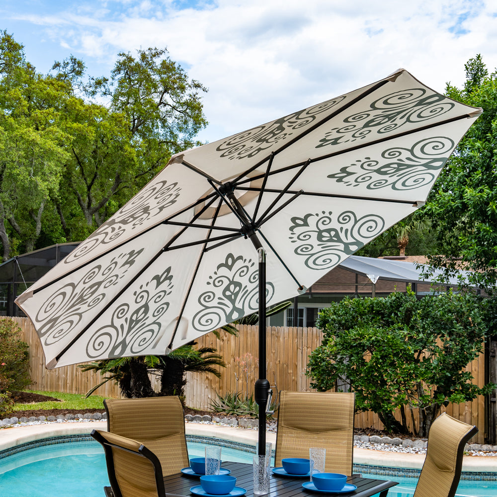 Round Market Patio Umbrella - Tan Resort Print