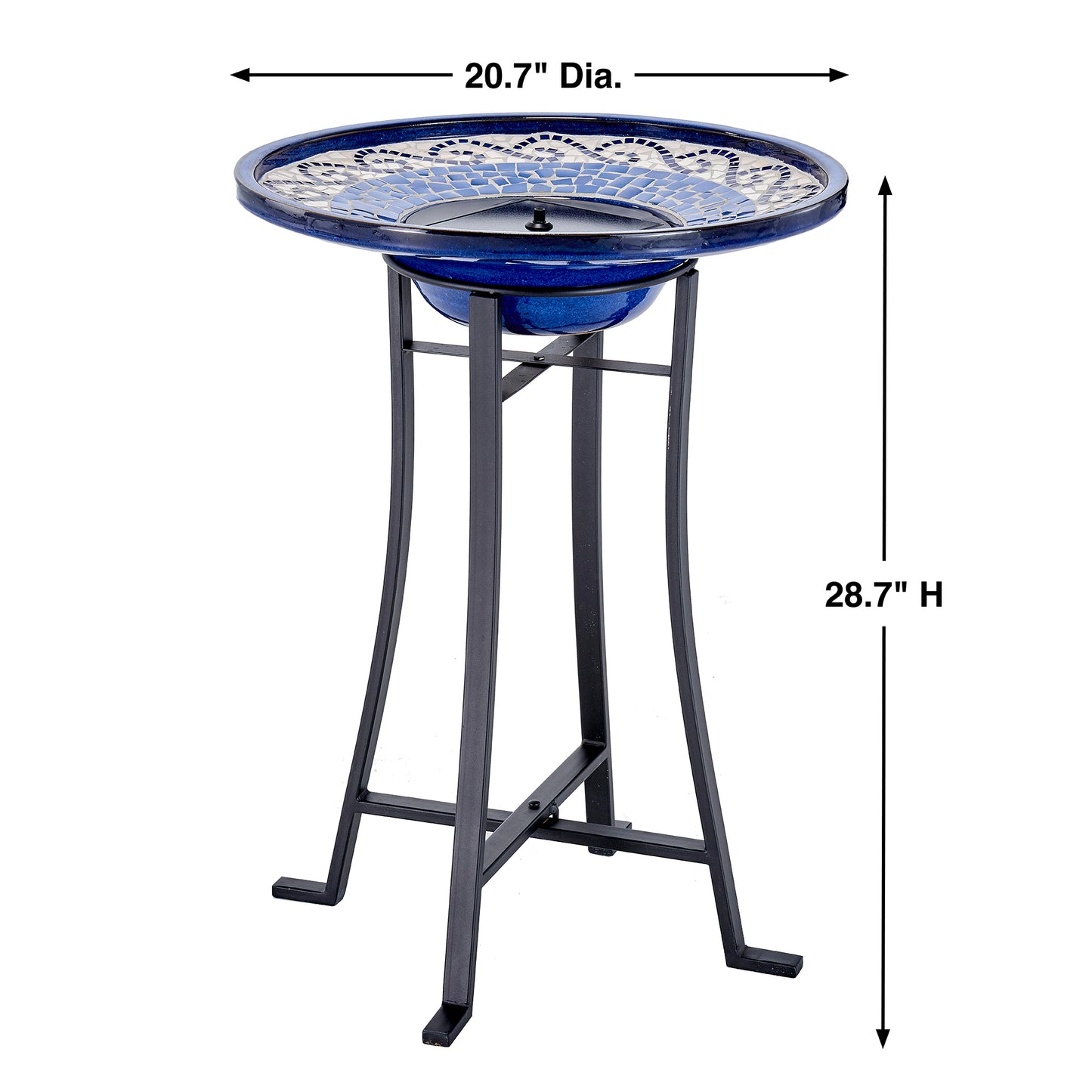 Blue Mosaic Solar Birdbath with Metal Stand - Glazed Ceramic