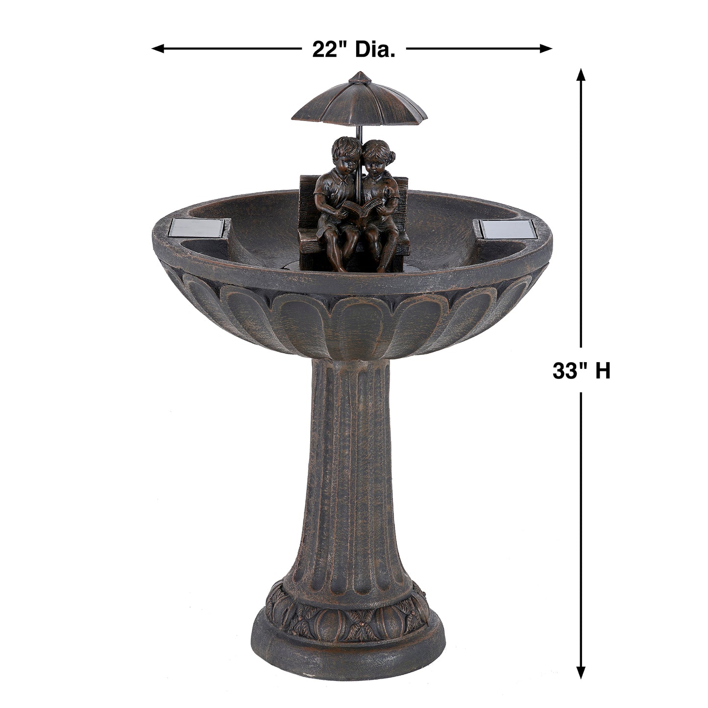 Umbrella Solar Fountain - Boy & Girl Reading on Bench - Oiled Bronze