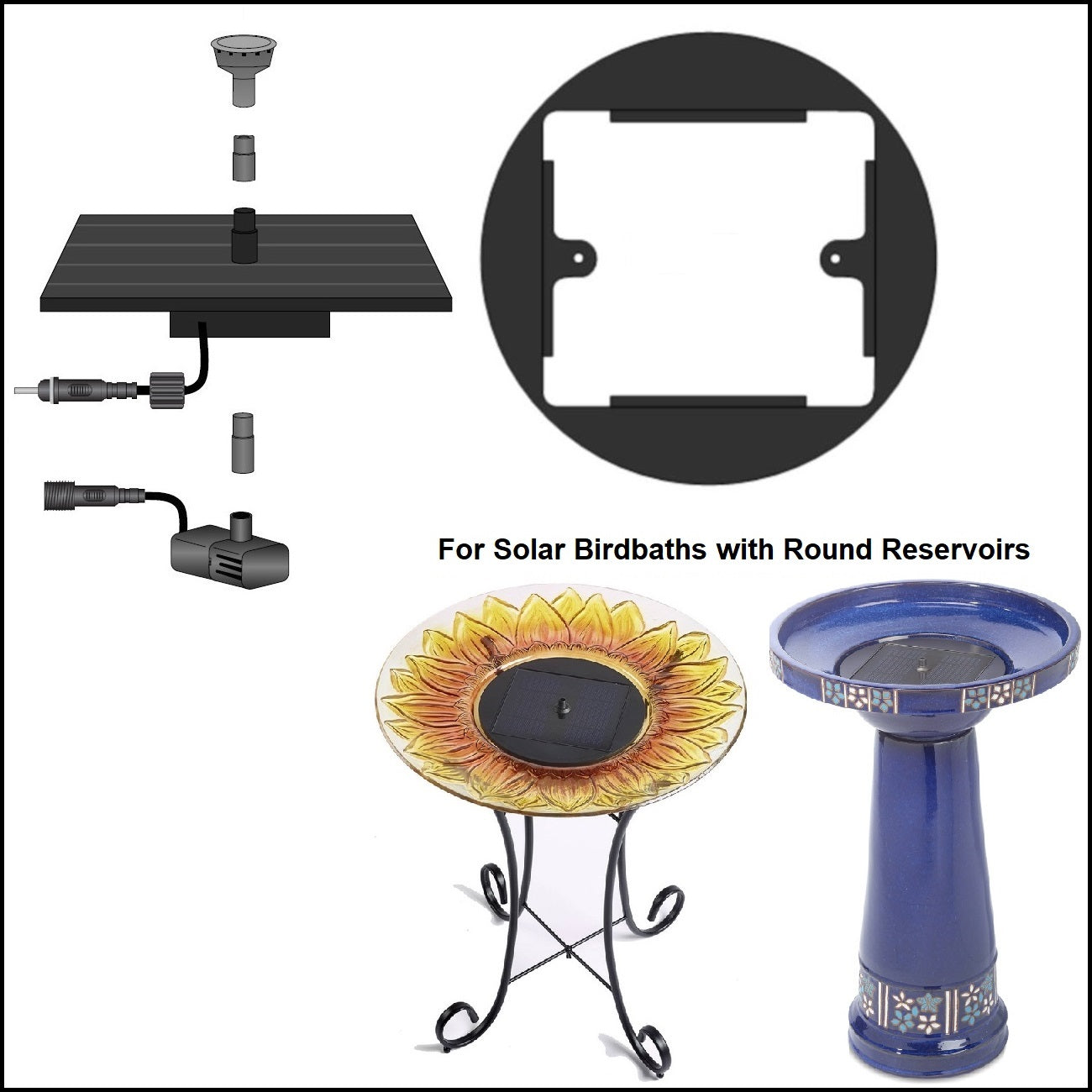 2060PKM-T Standard Solar Kit with Mounting Ring for Birdbath Fountain with Round Reservoir *Threaded Plugs