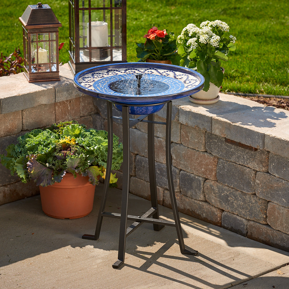 Mosaic Solar Birdbath with Metal Stand - Glazed Ceramic