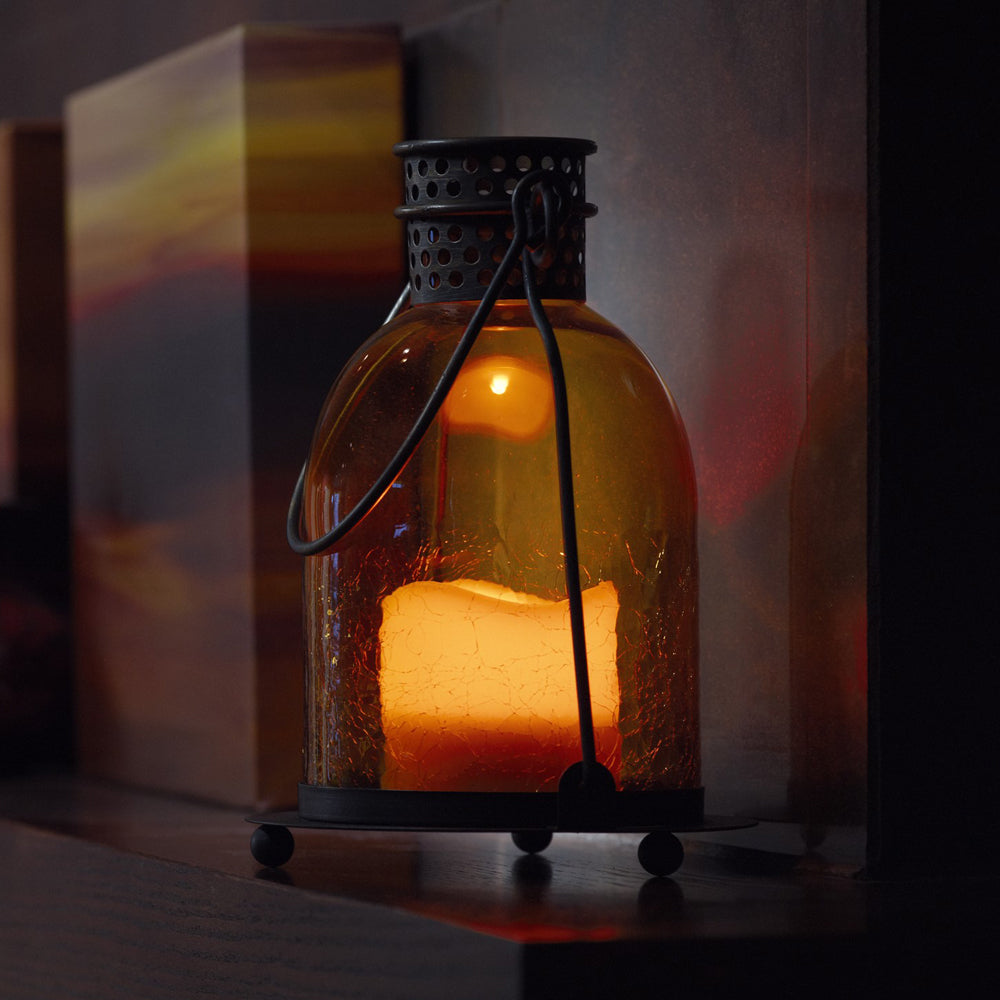 Monaco 9" H Glass LED Candle Lantern - Amber