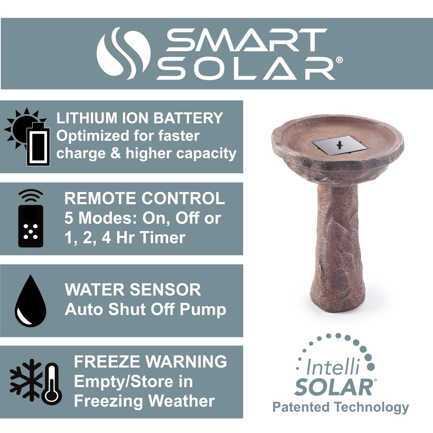 Bedrock IntelliSOLAR Birdbath with Remote - Rustic Red Sandstone Finish
