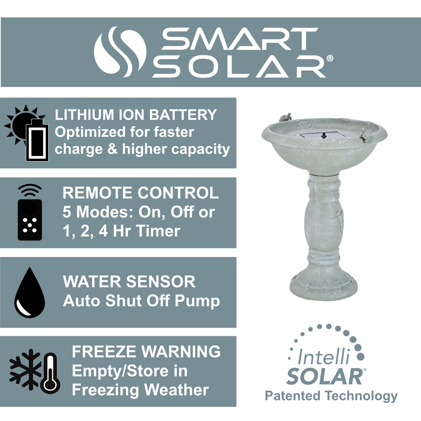 Country Gardens IntelliSOLAR Birdbath with Remote – Weathered Stone Finish