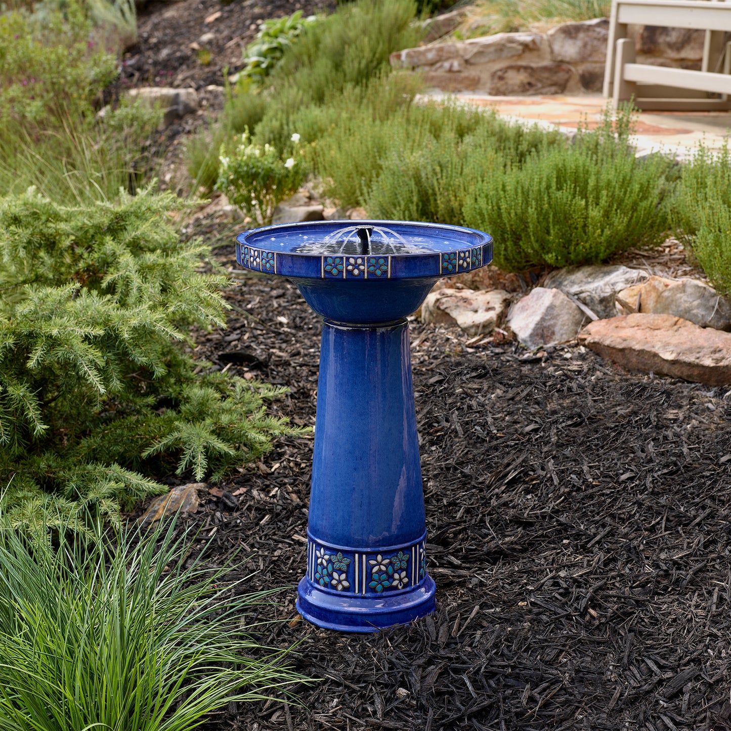 Louisa IntelliSOLAR Ceramic Birdbath with Remote – Blue