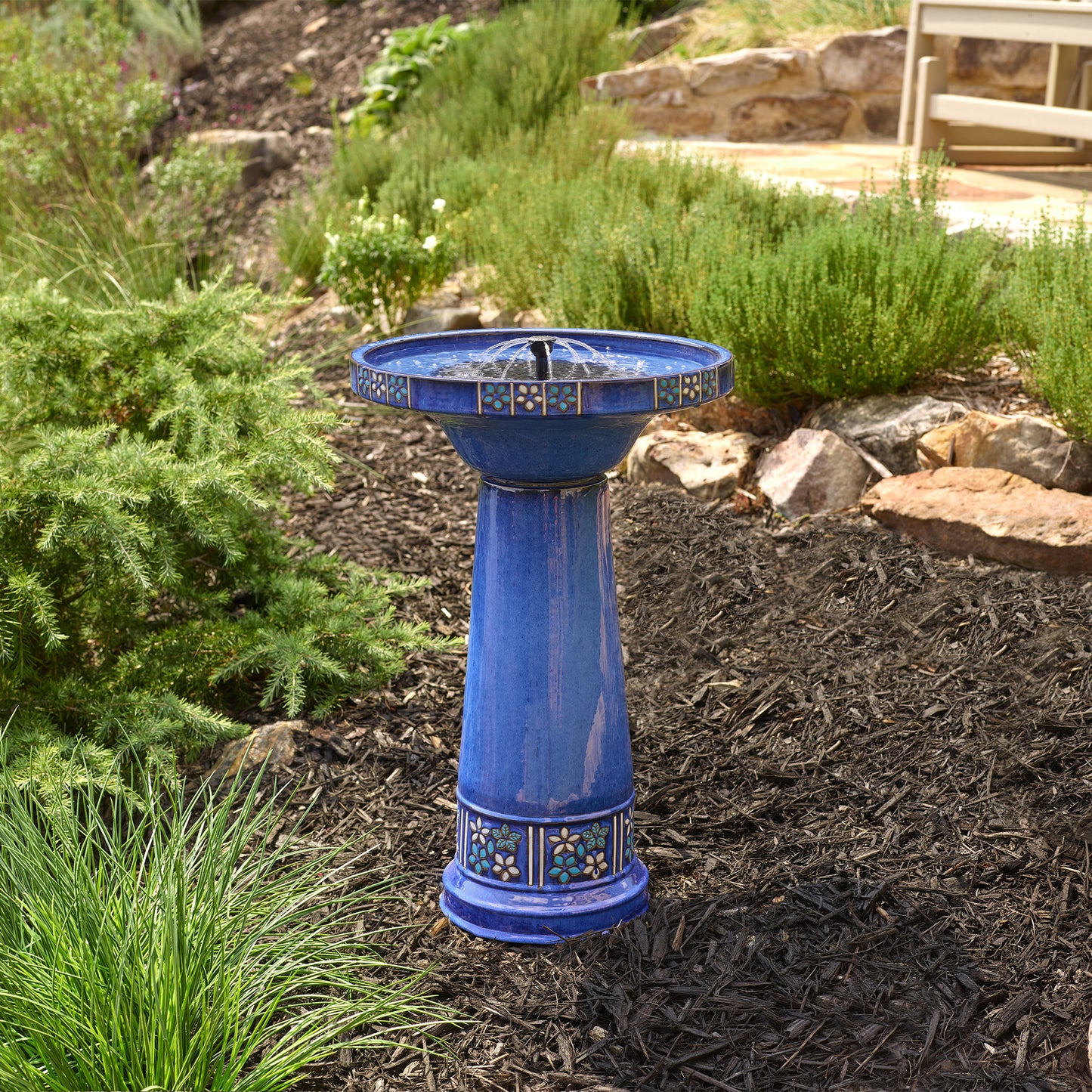 Louisa IntelliSOLAR Ceramic Birdbath with Remote – Blue