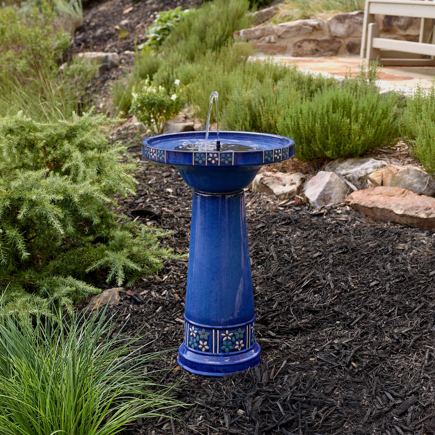 Louisa IntelliSOLAR Ceramic Birdbath with Remote – Blue