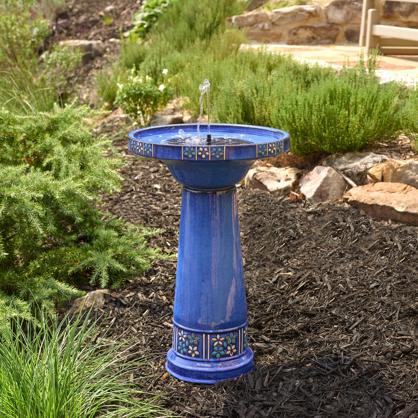 Louisa IntelliSOLAR Ceramic Birdbath with Remote – Blue