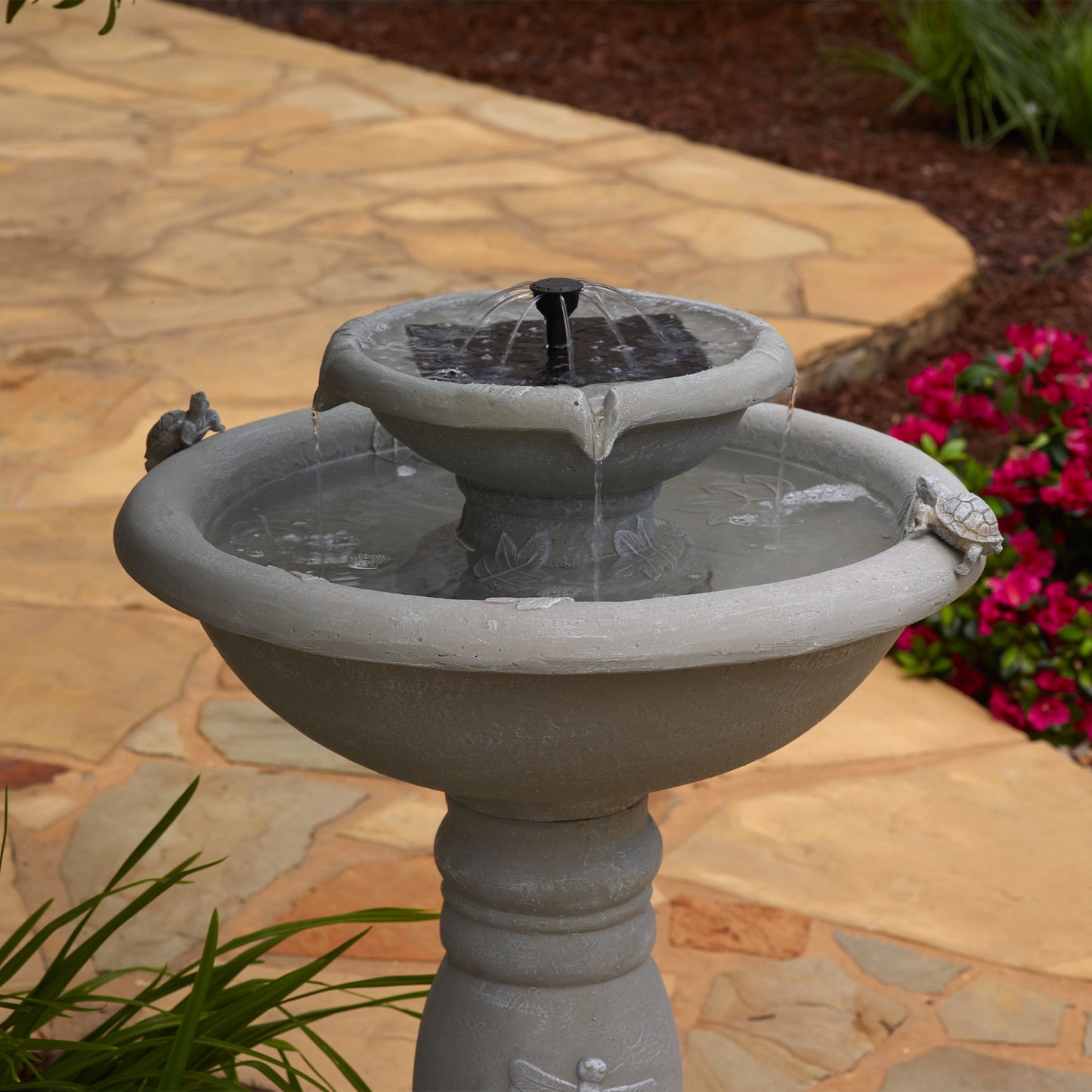 Country Gardens 2-Tier IntelliSOLAR Fountain with Remote – Weathered Stone