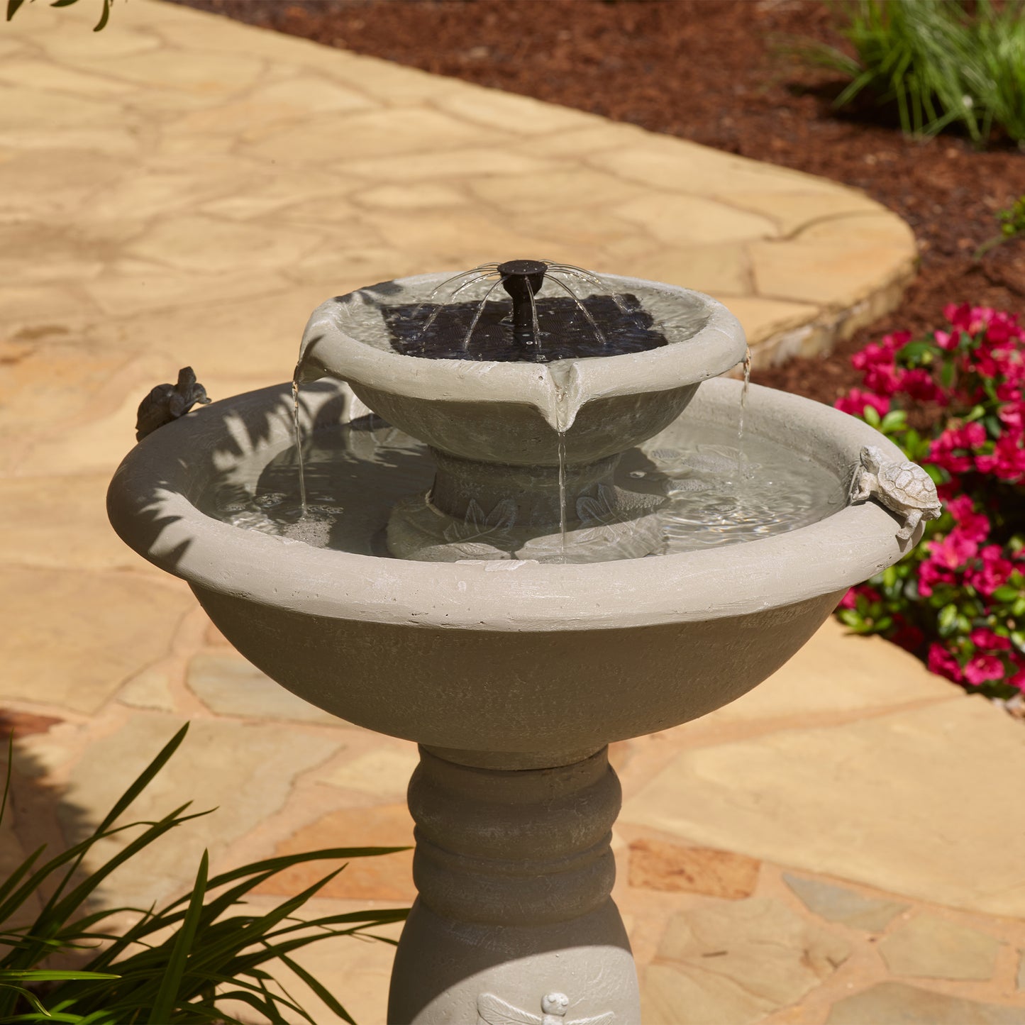 Country Gardens 2-Tier IntelliSOLAR Fountain with Remote – Weathered Stone