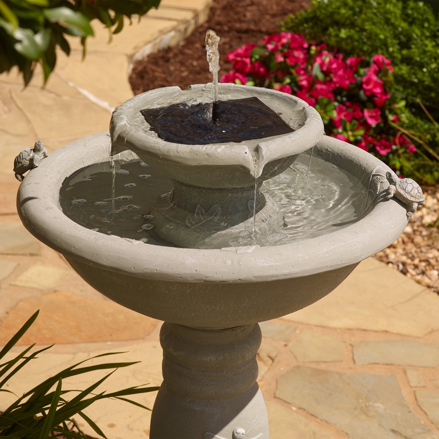 Country Gardens 2-Tier IntelliSOLAR Fountain with Remote – Weathered Stone