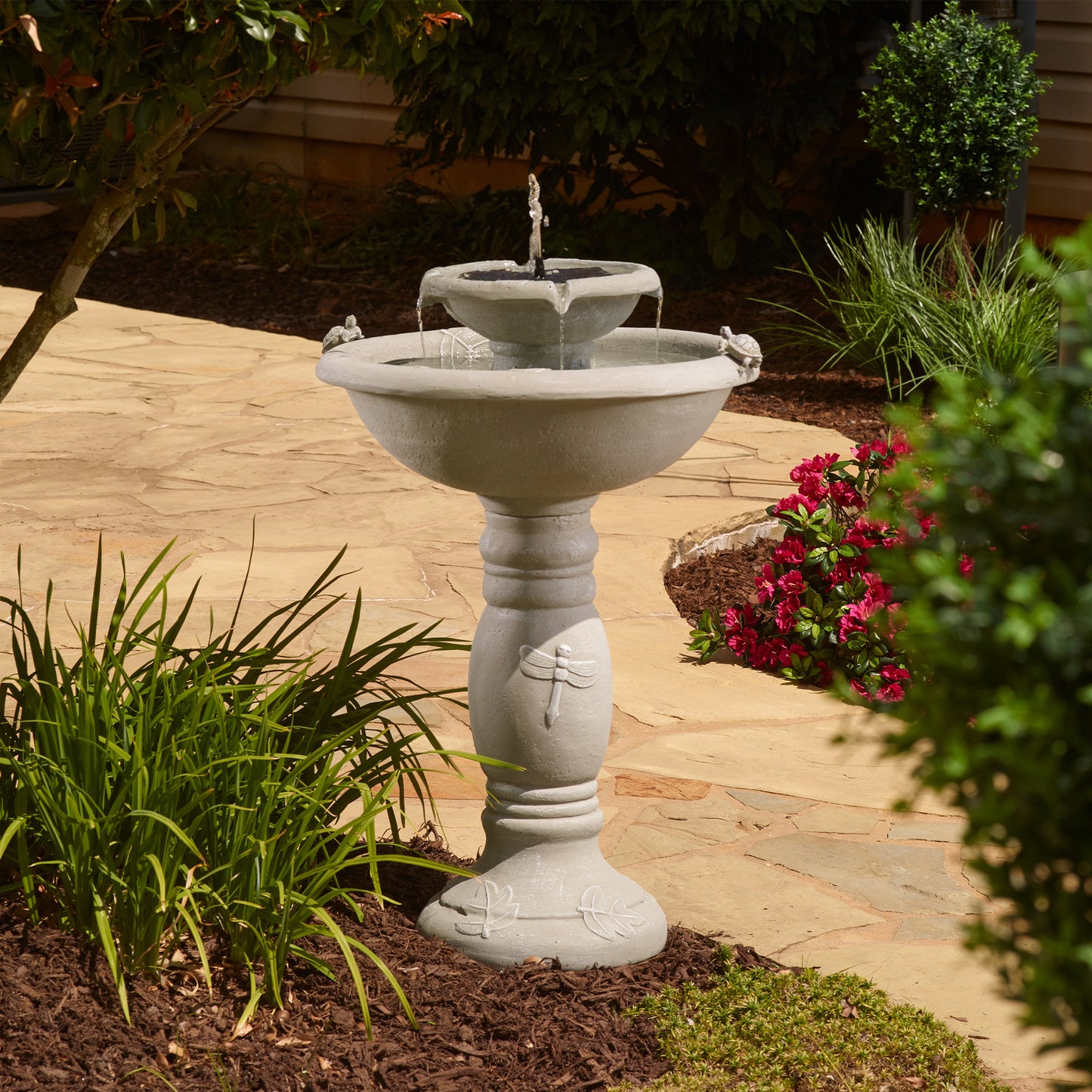 Country Gardens 2-Tier IntelliSOLAR Fountain with Remote – Weathered Stone