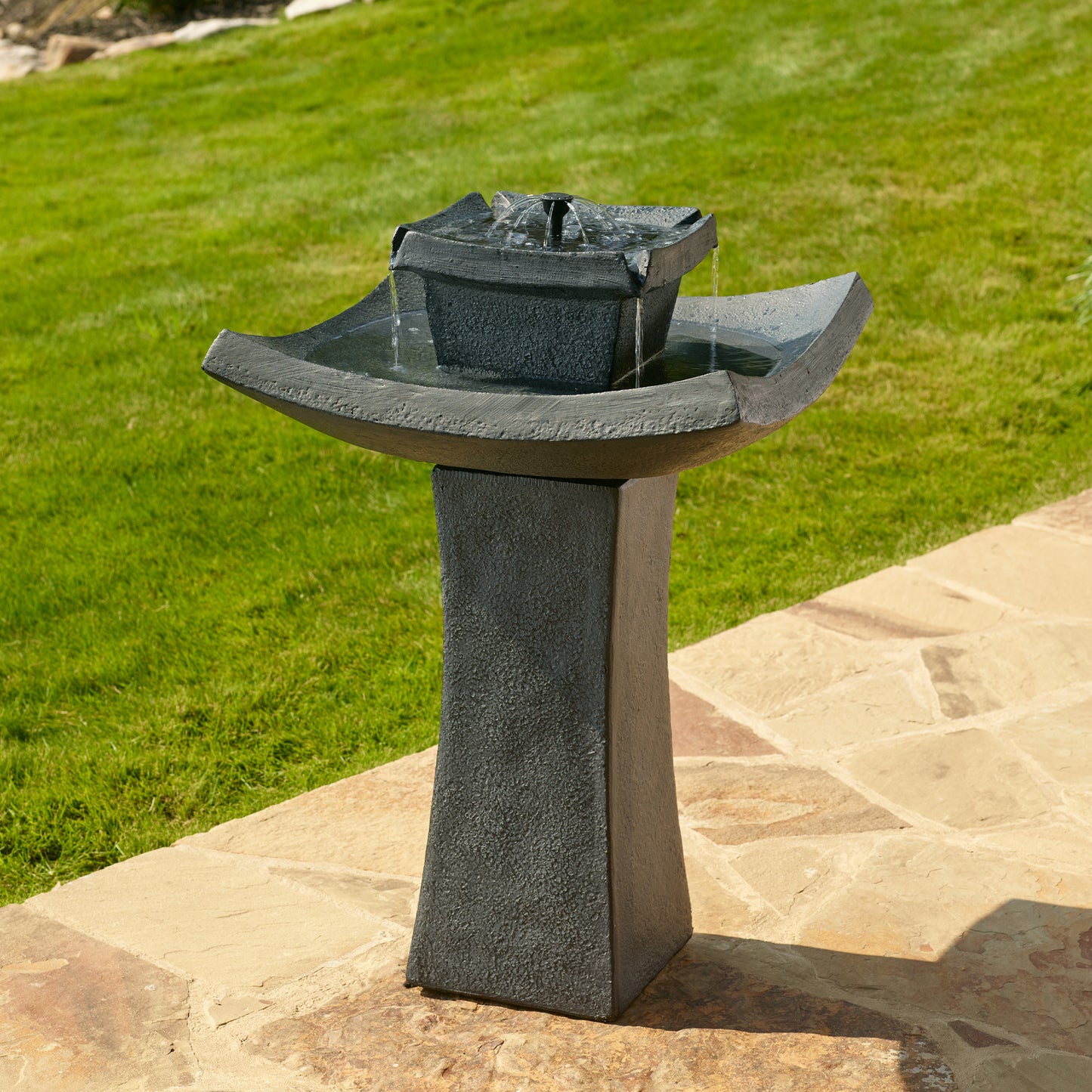 Mahayana Zen 2-Tier IntelliSOLAR Fountain with Remote - Aged Iron