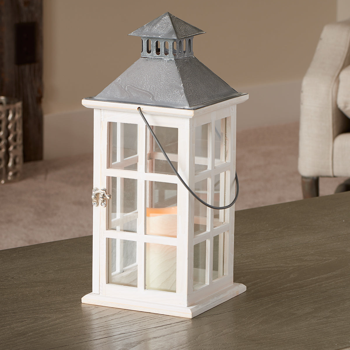 Camden LED Candle Lantern - Distressed White (16"H)