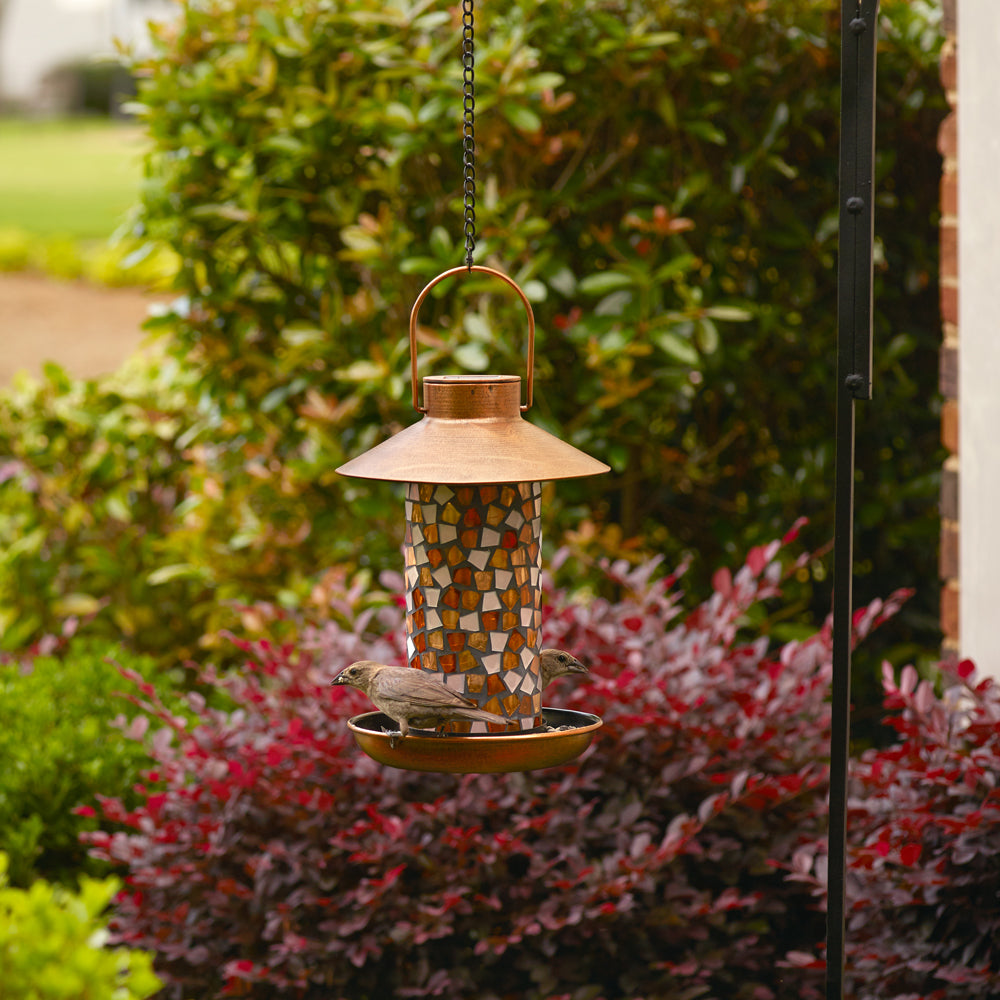 Adelie Mosaic Glass Bird Feeder with Solar Light - Copper