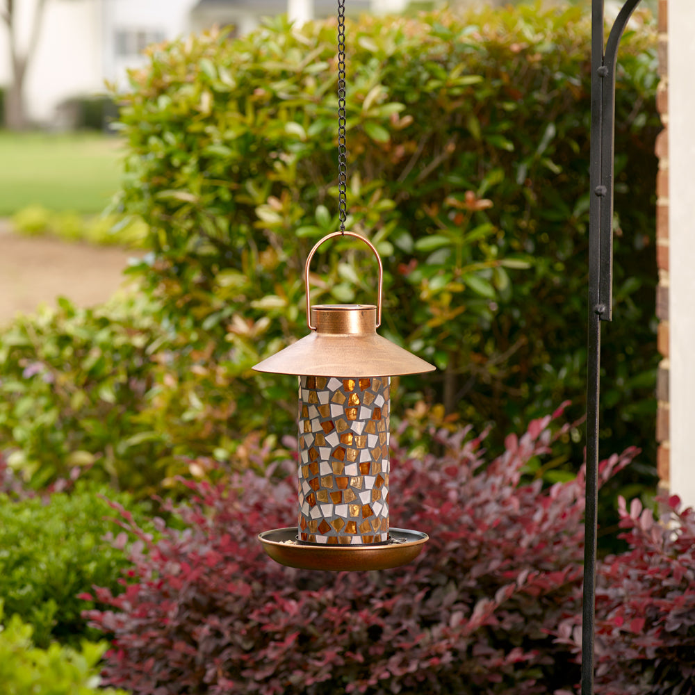 Adelie Mosaic Glass Bird Feeder with Solar Light - Copper