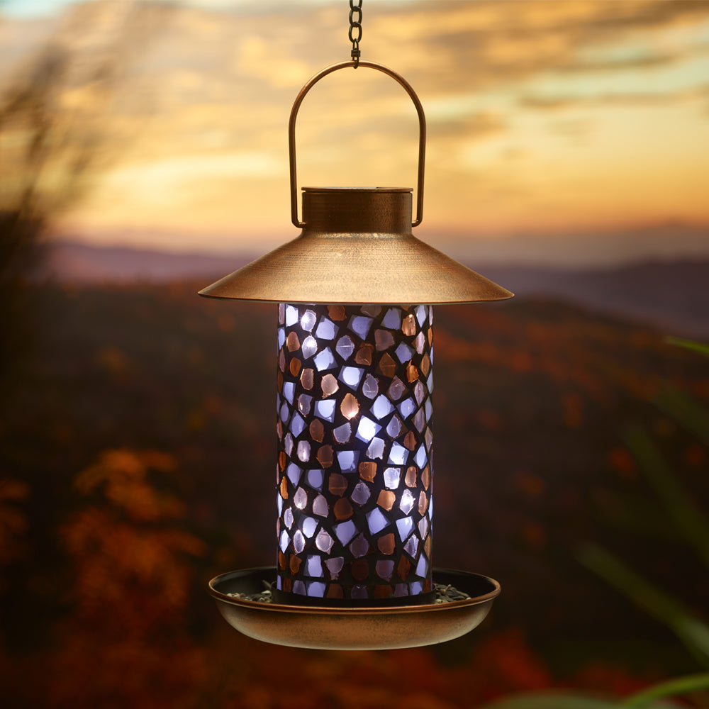 Adelie Mosaic Glass Bird Feeder with Solar Light - Copper