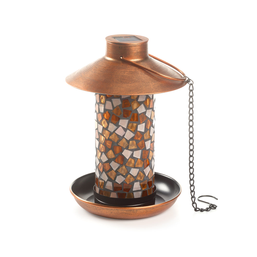 Adelie Mosaic Glass Bird Feeder with Solar Light - Copper