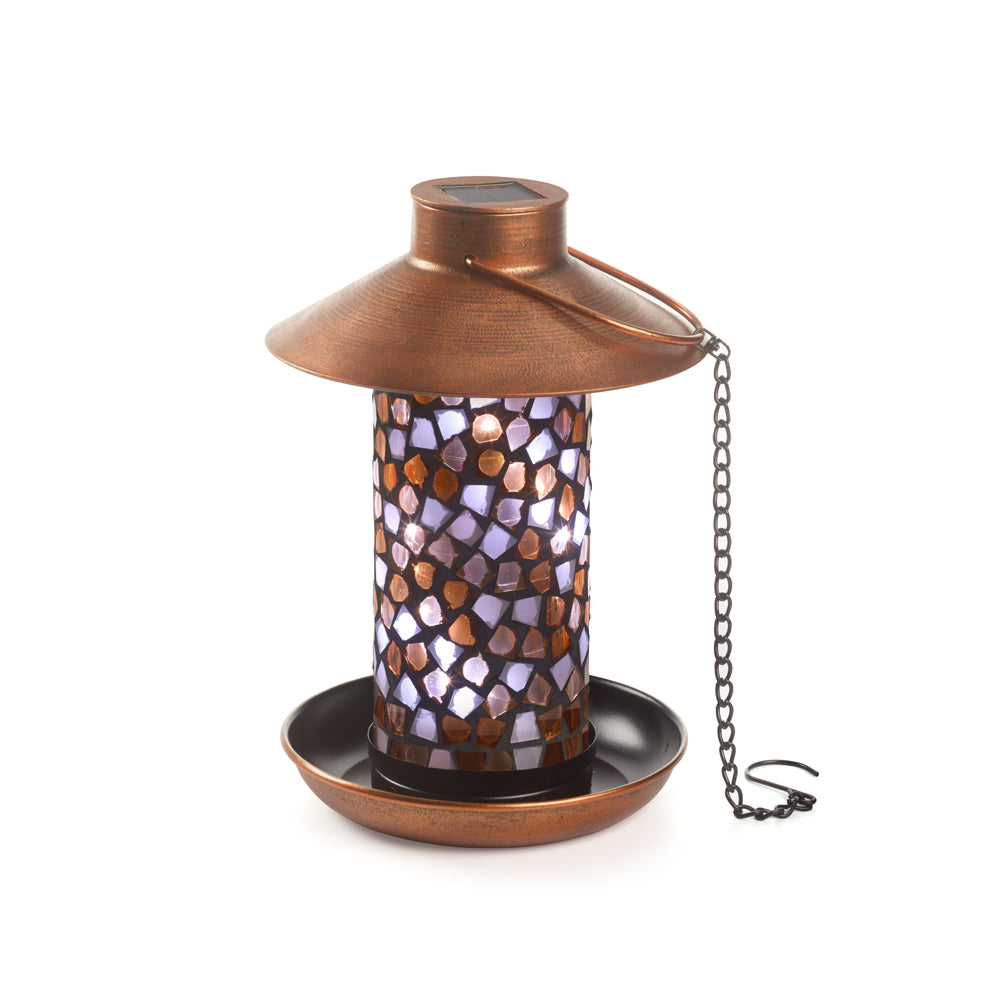 Adelie Mosaic Glass Bird Feeder with Solar Light - Copper