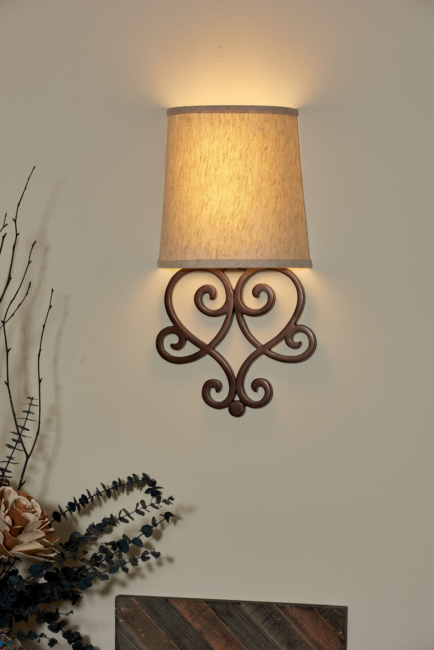 Helix Heart Scroll Wall Art Sconce with Tan Fleck Shade and Bronze Base
