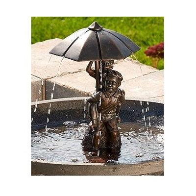 Statue of Boy & Girl Piggyback with Umbrella Included