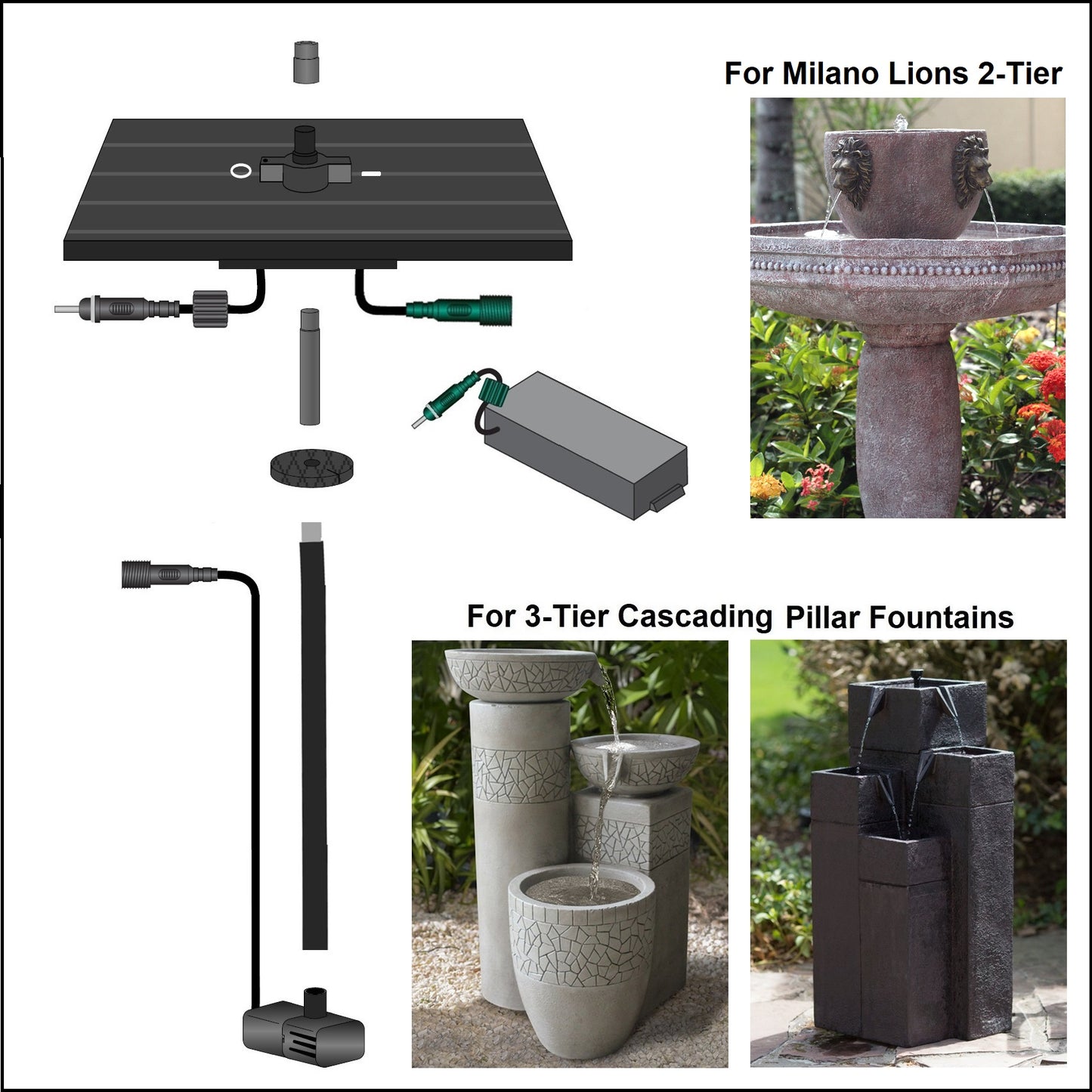 2090PKD-2W0A-51-T Solar-On-Demand Kit with Battery Pack (for 3-Tier Cascading Pillar Fountains) *Threaded Plugs
