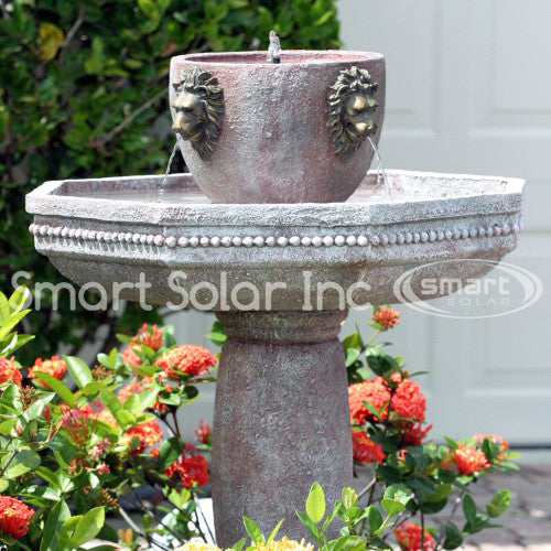 Milano Lions 2-Tier Estate Solar-On-Demand Fountain - Rustic Italian Stone Finish