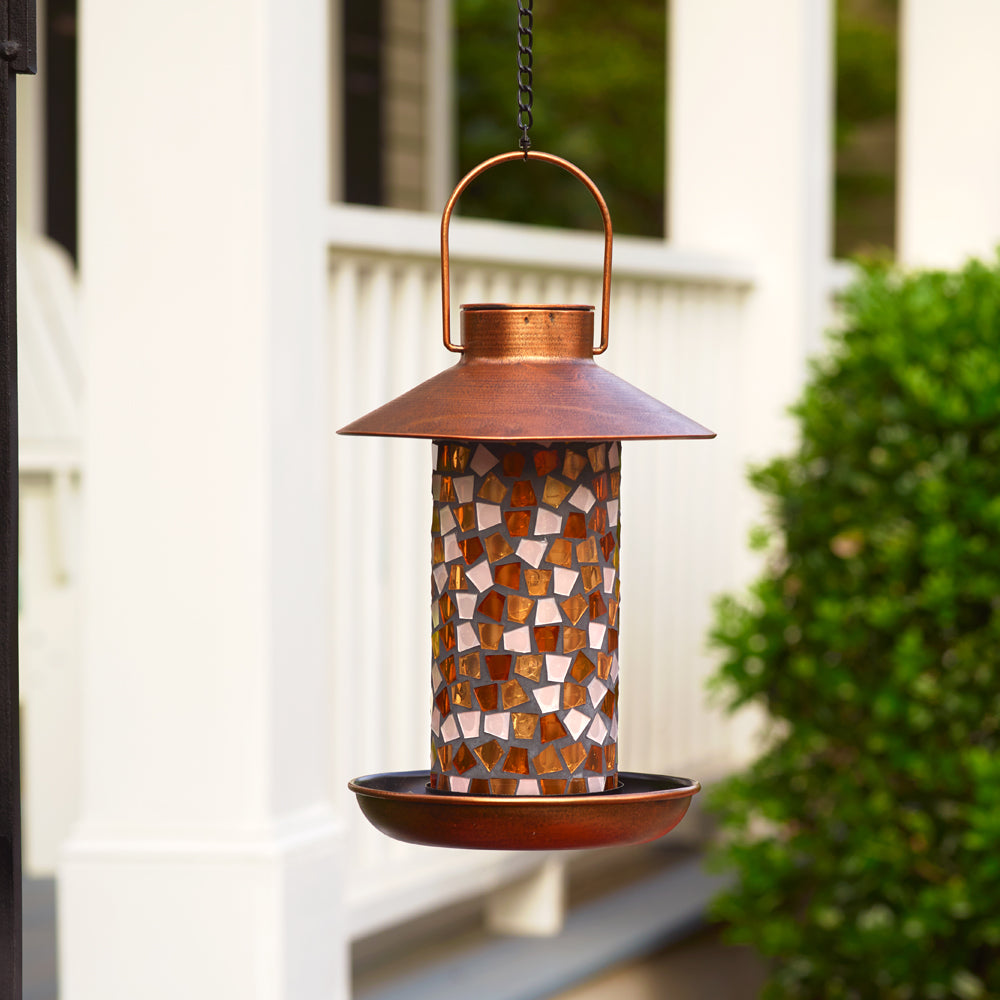 Adelie Mosaic Glass Solar Bird Feeder - Copper