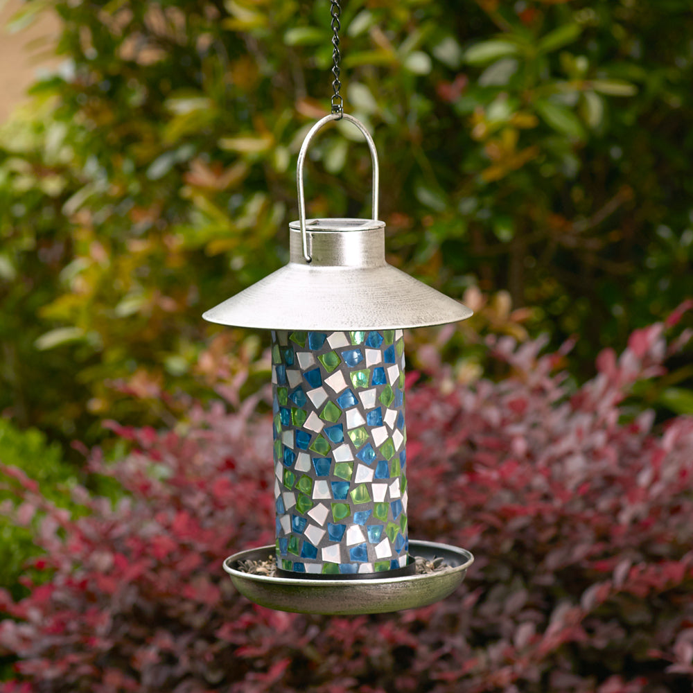 Adelie Mosaic Glass Solar Bird Feeder - Pewter