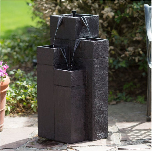 Square Cascading Pillars Solar Fountain - Black Ash