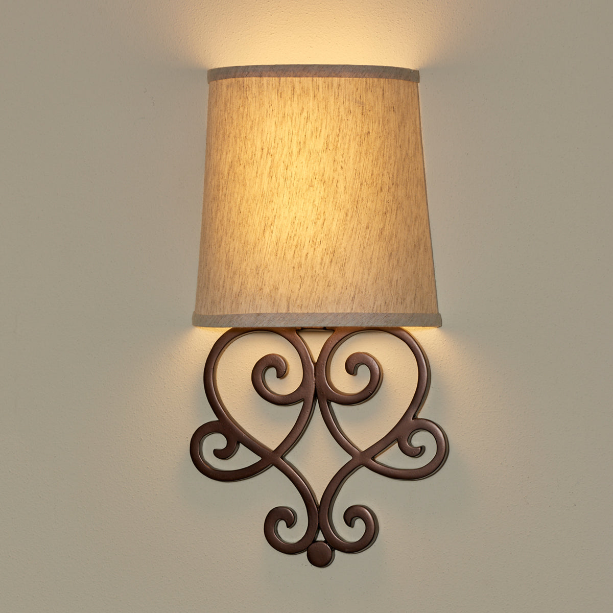 Helix Heart Scroll Wall Art Sconce with Tan Fleck Shade and Bronze Base