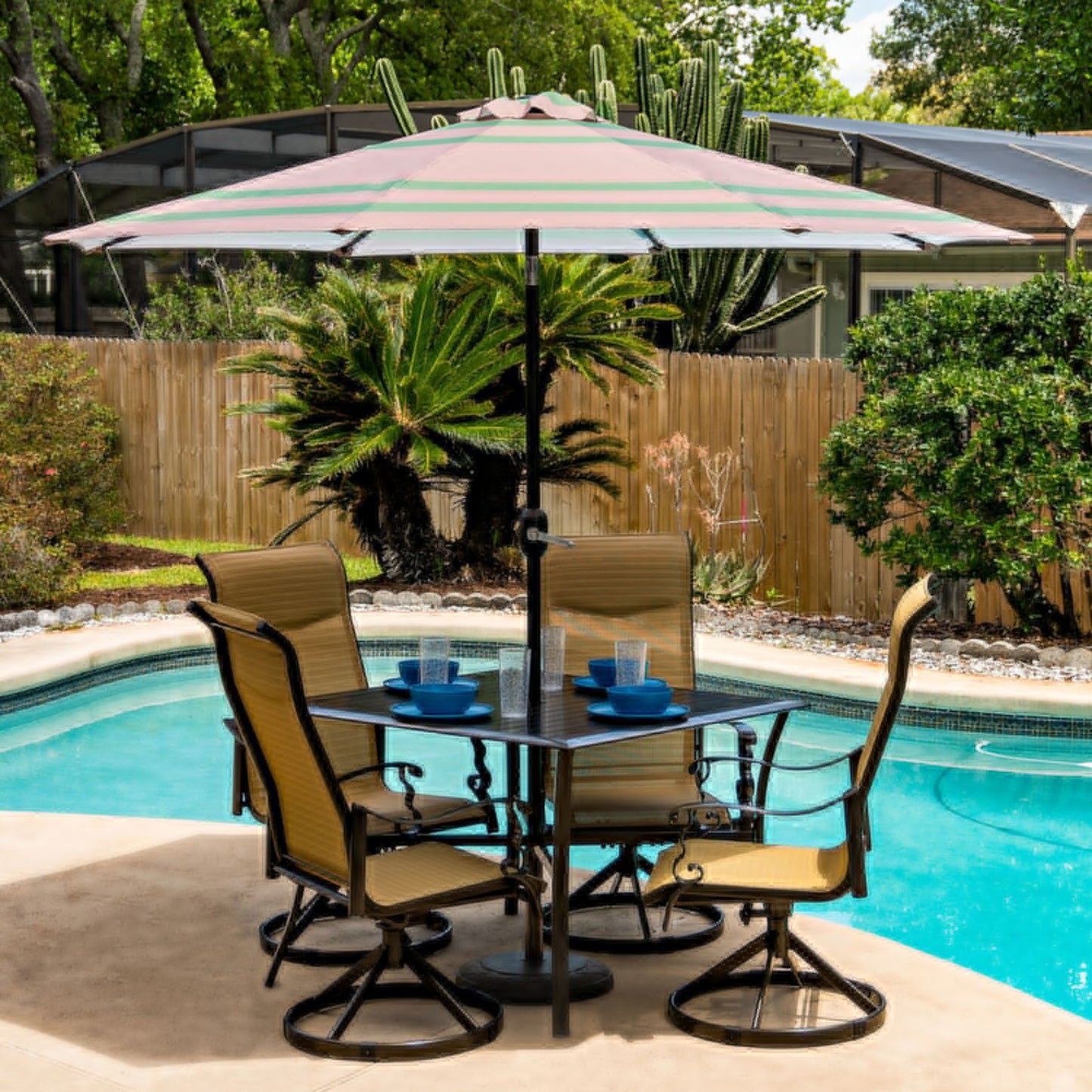 Round Market Patio Umbrella - Tan/Green Stripe